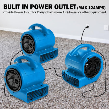 MOUNTO 1/5hp Air Mover 800cfm Blower Fan Carpet Floor Drying Fan - 3-Speed Compact Air Mover w/Dual Outlet, 10ft Power Cord for Drying, Cooling, Air Circulation (Blue)
