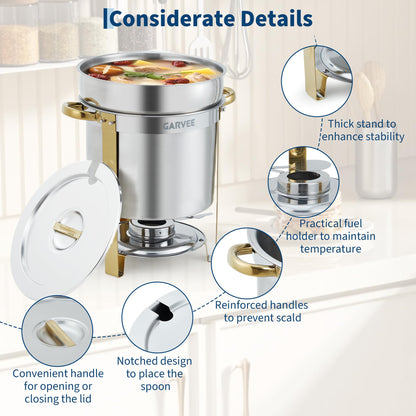 7QT Commercial Soup Warmer, 2 Pack Stainless Steel Round Soup Chafer with Pot, Notched Lids & Fuel Holders, Food Warmer for Buffets Parties Wedding Banquets Catering, Gold