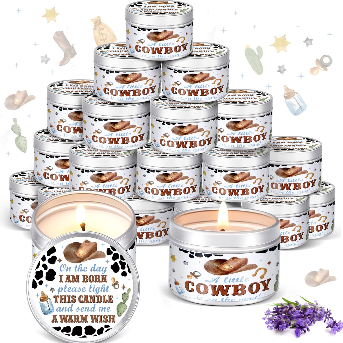 MTLEE 24 Pcs Cowboy Baby Shower Party Favors Candles Lavender Scented Baby Shower Favors for Guests Rustic Tealights Candles Gender Reveal Return Gifts (1.2 oz, White)