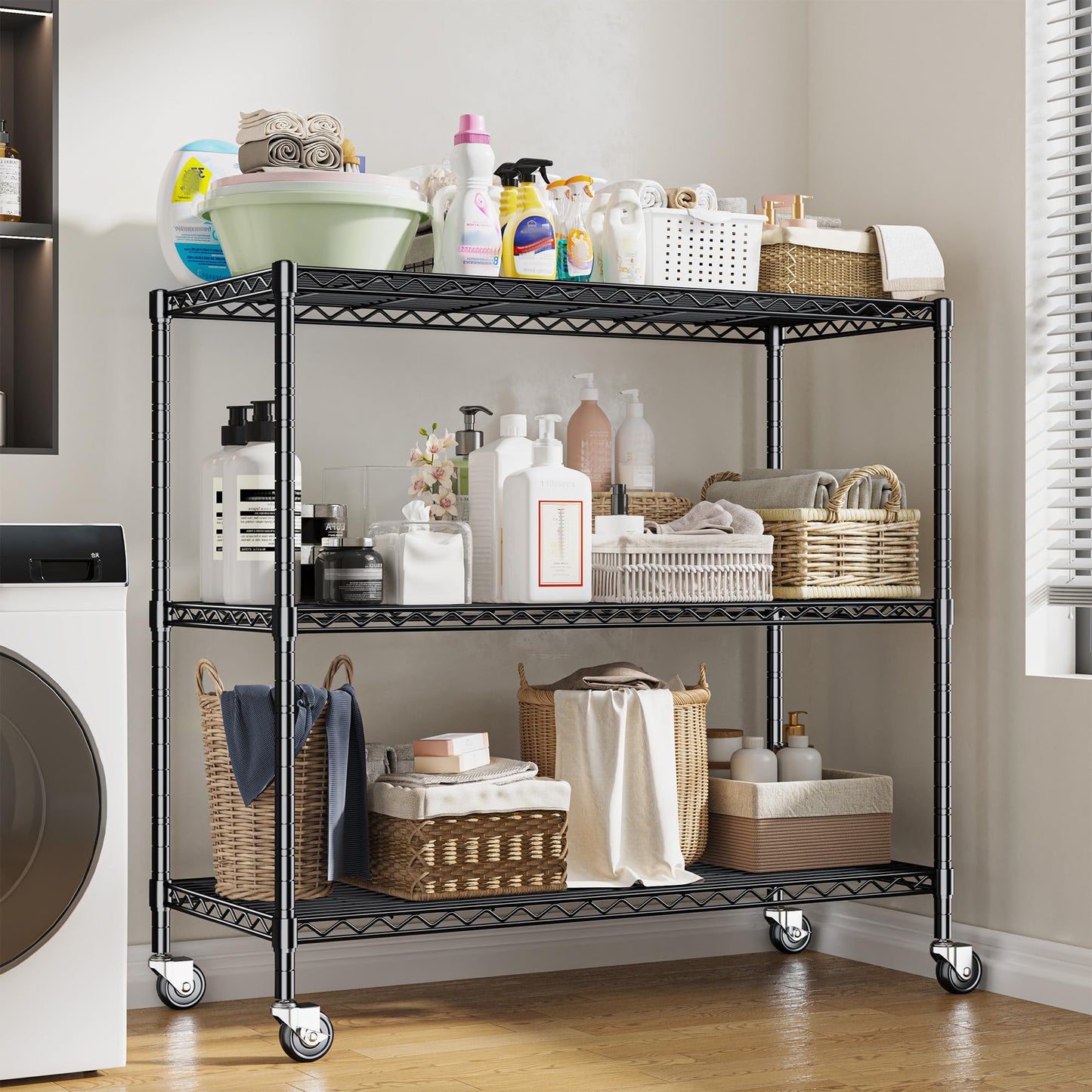 DurayLoly 3 Tier Metal Shelving Unit Adjustable Storage Shelves,Heavy Duty Shelf with Wheels for Kitchen,Office,Bathroom,Easy Assembly Wire Shelving for Laundry,Garage,45" W x 17.7" D x 41" H,Black.