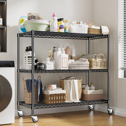 DurayLoly 3 Tier Metal Shelving Unit Adjustable Storage Shelves,Heavy Duty Shelf with Wheels for Kitchen,Office,Bathroom,Easy Assembly Wire Shelving for Laundry,Garage,45" W x 17.7" D x 41" H,Black.