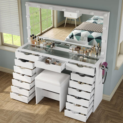 Yanosaku Vanity Desk with Mirror and Lights, Makeup Table with Charging Station, 3 Color Lighting Modes, 15 Drawers Dressing Table, Vanity with Chair for Bedroom, White