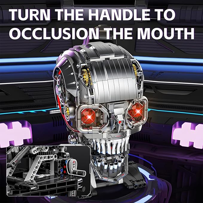 Mechanical Skull Building Block Set 3D Poseable Model with Mandibular Teeth Bite Drive can be driven by hand or motor for STEM Toys for Kids &amp Adults Perfect for Horror Fans &amp Gothic Room Deco