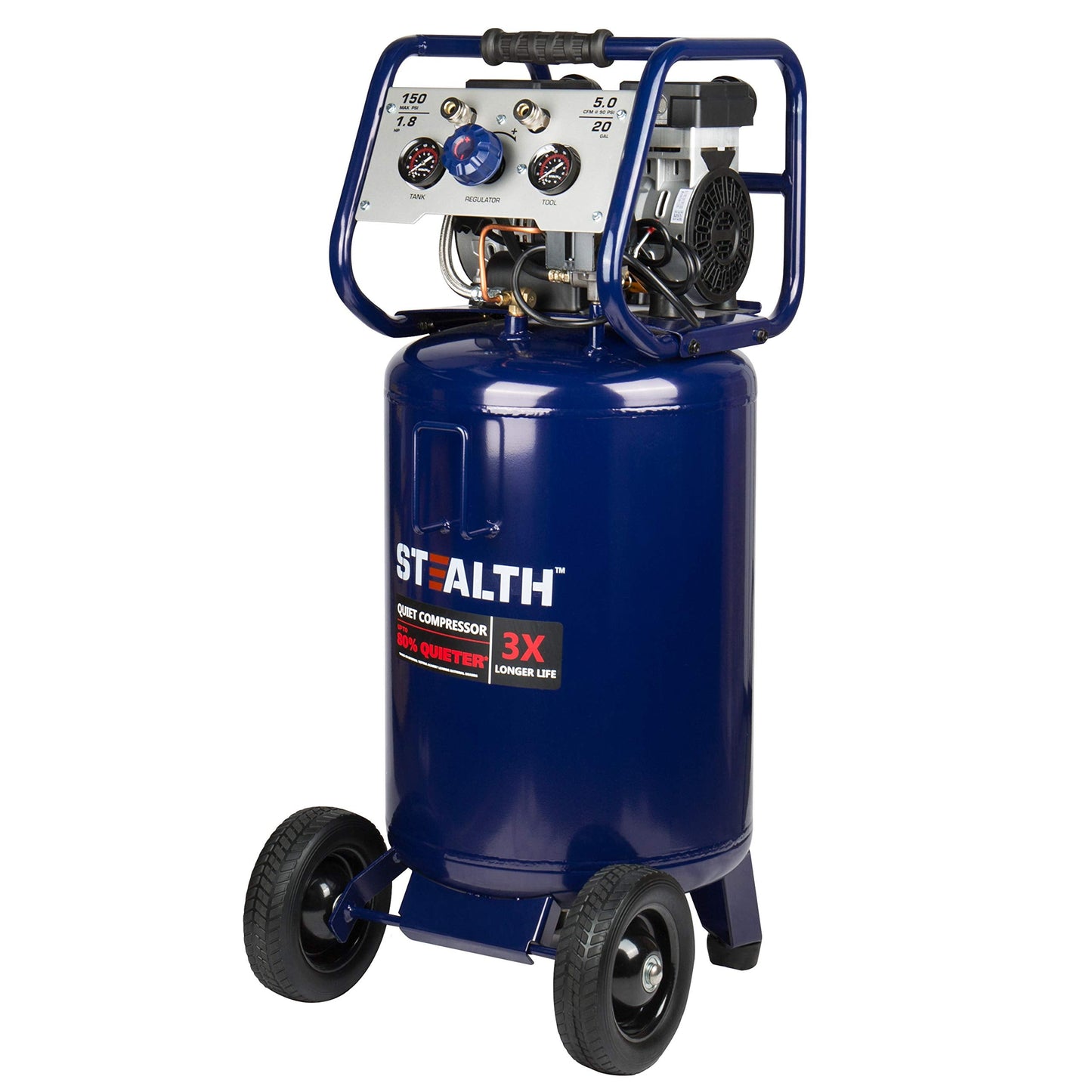 Stealth 20 Gallon Ultra Quiet Air Compressor,1.8 HP Oil-Free Peak 150 PSI 68 Decibel, 5.5 CFM @ 40 PSI 5 CFM @ 90 PSI Silent Long Life Electric Air Compressor W/Wheel for Garage