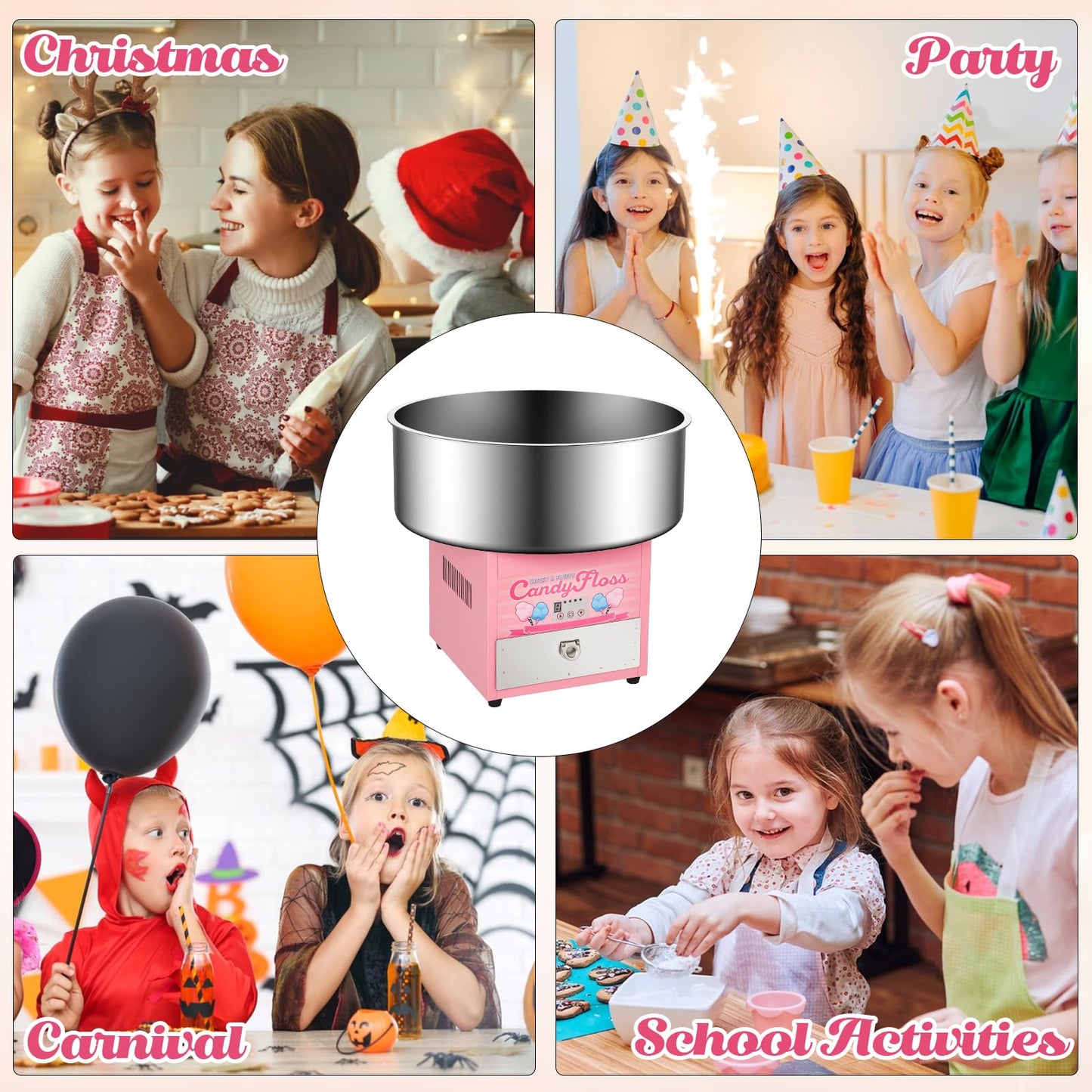 Electric Candy Cotton Machine for Kids Commercial Candy Cotton Maker with 20 Inch Stainless Steel Bowl Party Home Festival Pink