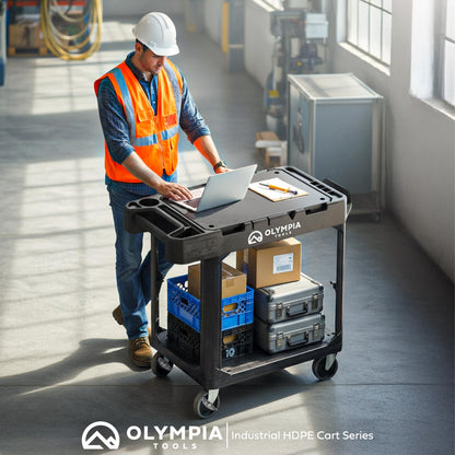 Olympia Tools Heavy Duty Utility Work Cart | 2 in 1 Convertible 3 Shelf to Flat Top Workstation | 660 lb Capacity, HDPE Frame, Ladder Hook, 4 Swivel Wheels | Tool Carts for Garage & Maintenance