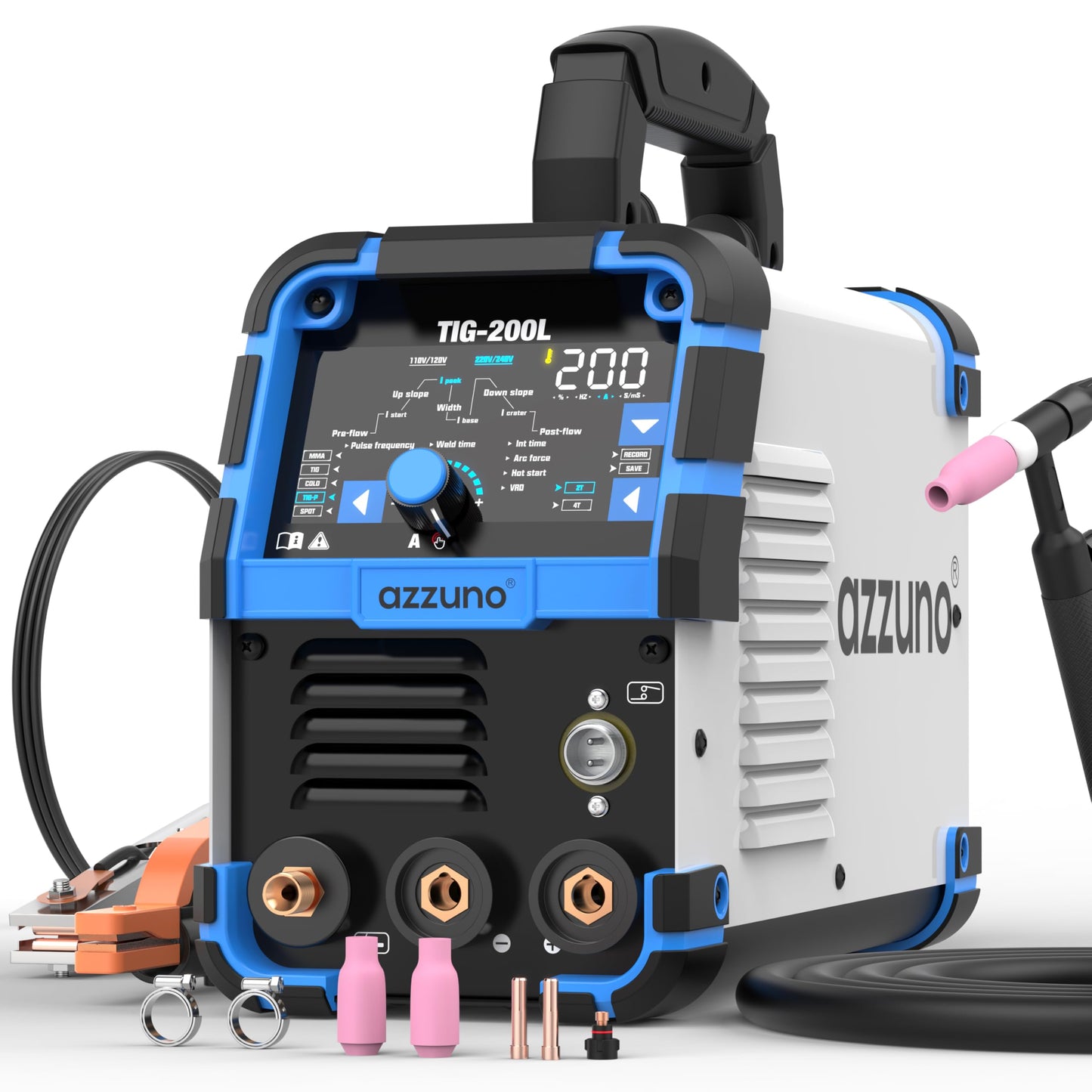 AZZUNO 200A TIG Welder With Pulse Cold, 5-in-1 DC HF TIG/PULSE TIG/COLD/SPOT TIG/STICK, 110V&220V Dual Voltage TIG Welding Machine with Large LED Display