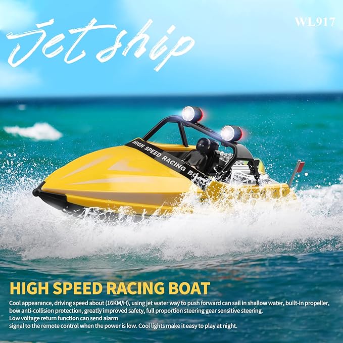 GoolRC RC Jet Boat WLtoys WL917 16km/h High Speed Remote Control Boat 2.4Ghz RC Jet Toys Storage Bag Led Lights Low Battery Warning Gift for Teens Adults