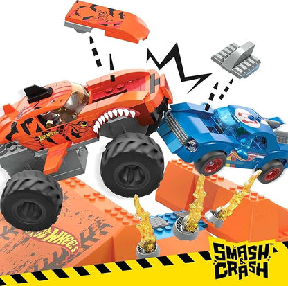 MEGA Hot Wheels Monster Trucks Toy Building Set Smash &amp Crash Tiger Shark Chomp Course with 245 Pieces 2 Micro Figure Drivers Orange Age 5+ Years