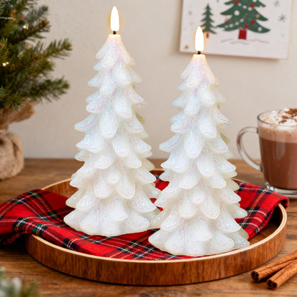 Lumeavetra Glittering Christmas Tree Shaped Flameless Candles, Flickering Real Wax Battery Operated LED Candles with Timer for Holiday Home Party Decorations, Set of 2