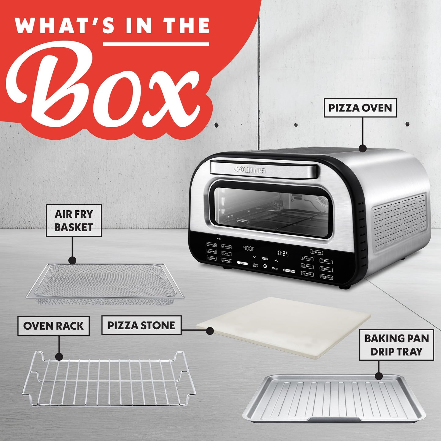 Gourmia Indoor Pizza Oven Air Fryer Toaster – 1800W Countertop Multi-Cooker with Pizza Stone, Digital Controls & 6 Presets, Stainless Steel