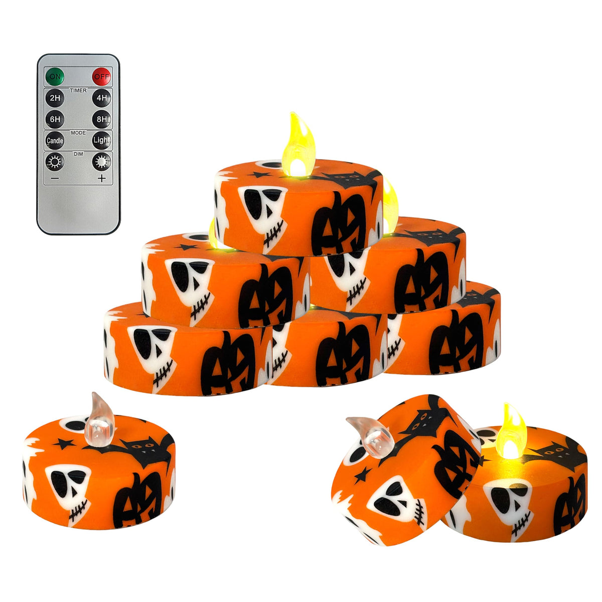 FCMSHAMD Halloween Orange Flameless Tealights Candles with 10-Key Remote Timer Battery Operated, 2.2 Inch Flickering LED Tea Lights Candles for Home Decoration,12 Pack