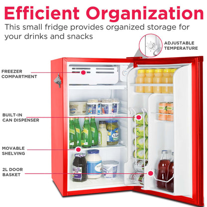 Frigidaire Retro Compact Fridge with Chiller, 3.2 cu ft Countertop Fridge with Built-In Bottle Opener, Compact Refrigerator for Office, Bedroom, Dorm Room or Cabin - 16.5" D x 19" W x 31" H (Red)