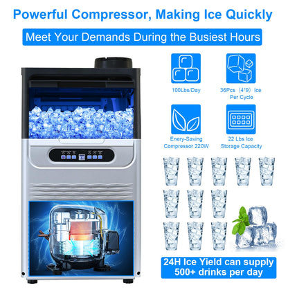Amzgachfktch Commercial Ice Maker, 100lbs/24H Ice Maker Machine, 2 Water Inlet Modes, Ice Machine with 22lbs Storage, Auto Self-Cleaning, Under Counter/Freestanding Ice Maker for Home/Office/Shop/Bar