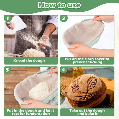 Nuogo 9 Pack Oval Bread Proofing Basket Silicone 10 Inch Collapsible Sourdough Bread Baking Supplies Dough Proofing Bowl with Dough Scraper and Basket Covers for Making Bread