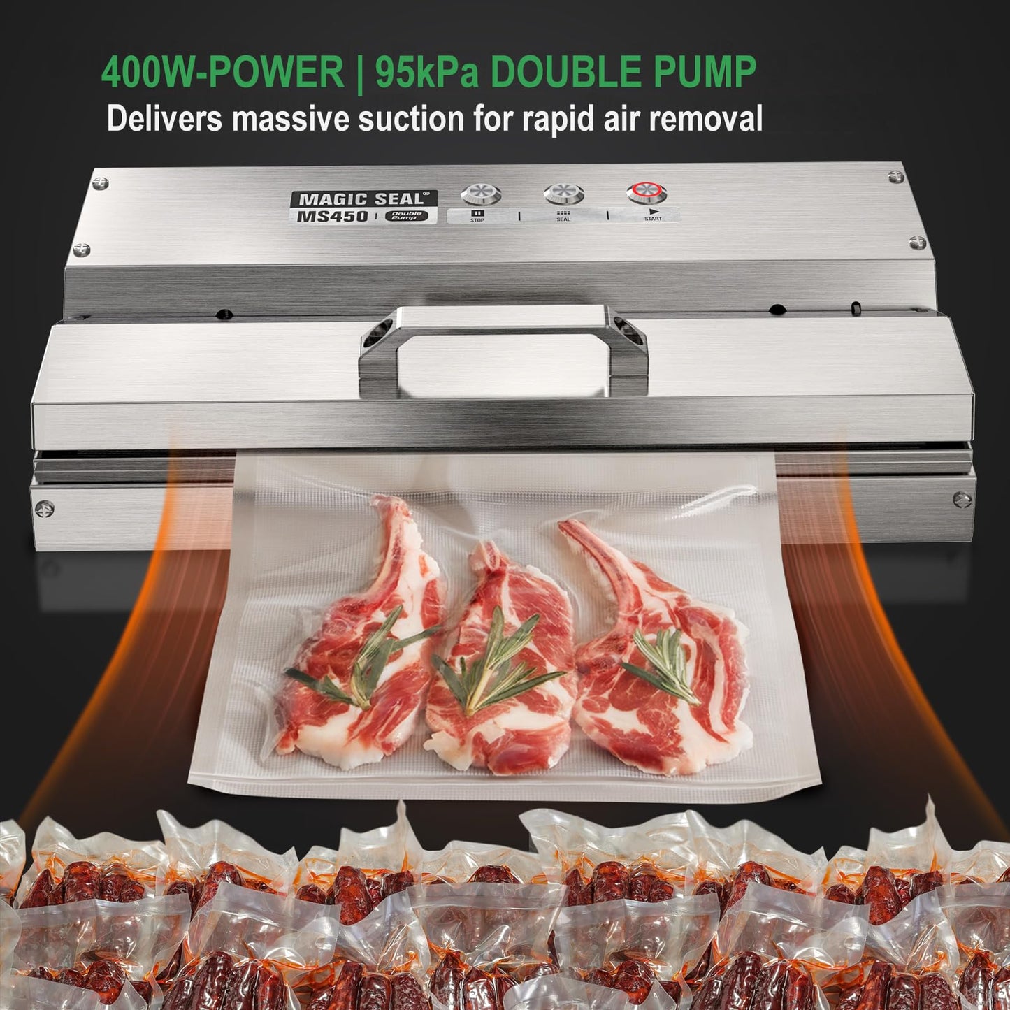 MAGIC SEAL 16'' Commercial Vacuum Sealer - All 304 Stainless Steel Constructed Automatic Vacuum Packaging Machine for Food Storage, 95kPa 400W, Easy-lock Handle, 450 Continuous Seals -MS450