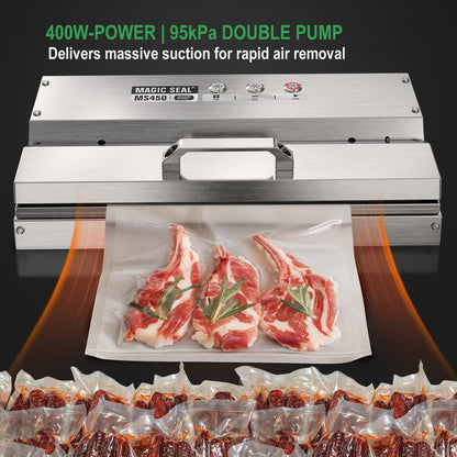 MAGIC SEAL 16'' Commercial Vacuum Sealer - All 304 Stainless Steel Constructed Automatic Vacuum Packaging Machine for Food Storage, 95kPa 400W, Easy-lock Handle, 450 Continuous Seals -MS450