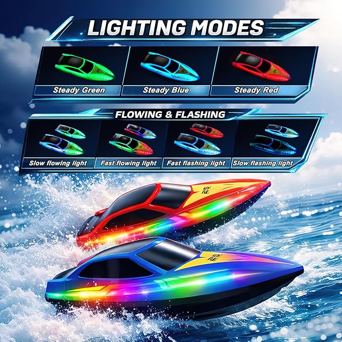 Remote Control Boat with 7-Mode Colorful LED Lights10 Inch RC Boat15KM/H High Speed2.4GHz3 Speed Modes2 Rechargeable BatteriesAuto Flip RecoveryPool &amp Lake Racing Gifts for Kids &amp Adult