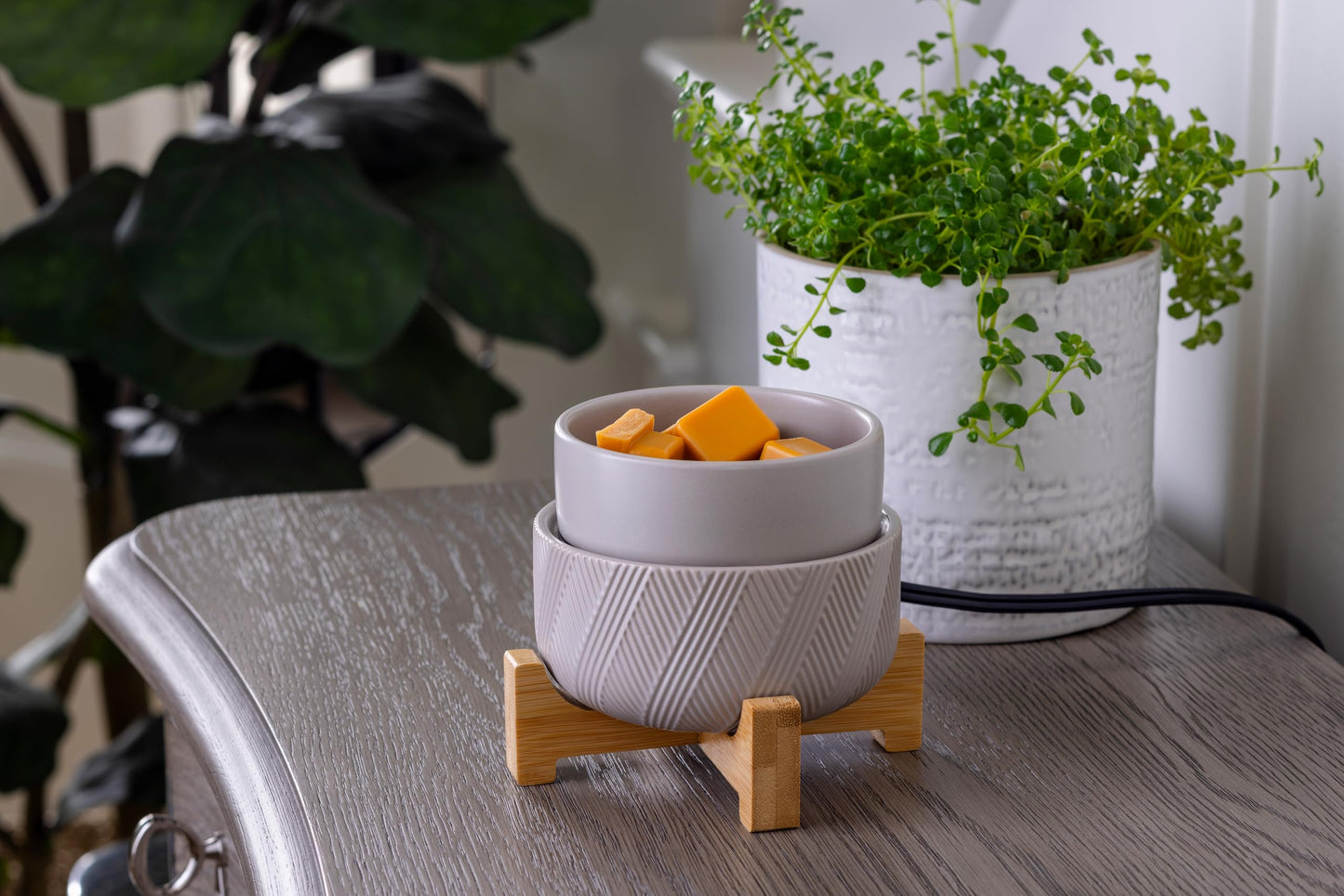Candle Warmers ETC 2-in-1 Candle and Fragrance Warmer for Warming Scented Candles or Wax Melts and Tarts with to Freshen Room, Wooden Pedestal