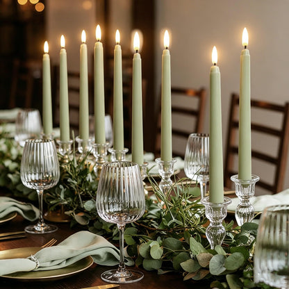 Ni-JASW Sage Green Flameless Taper Candles with Remote, Realistic Flickering Battery LED Candlesticks Home Decor Set of 12