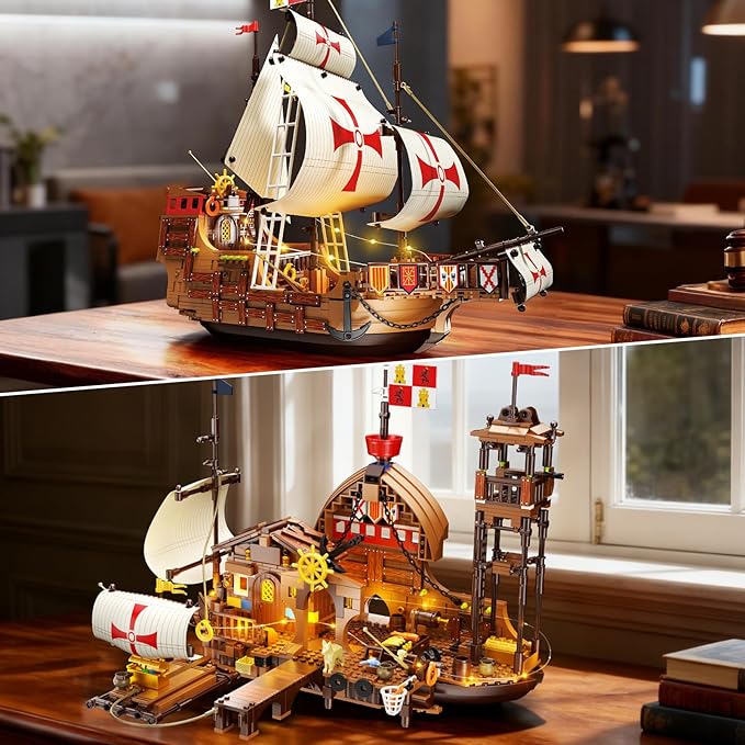 Santa Maria Ship Building Set with LED Lights 2 in 1 Pirate Ship House Wharf Building Block Kit 1253 PCS Adventure Merchant Ship Model Building Toy Gift for Adults Teens Boys Girls Ages 12+
