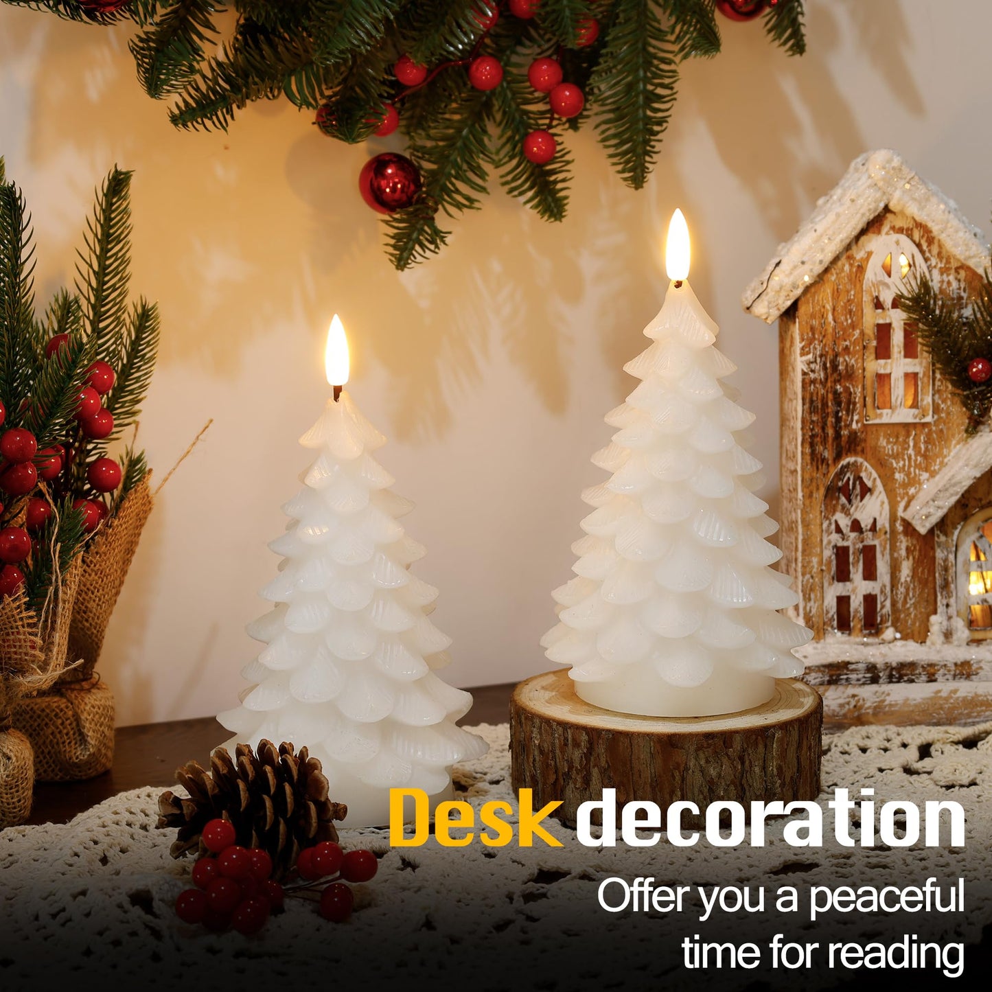 JOIONE Christmas Tree Flameless Candles with Remote Timer,Battery Operated Flickering Candles, LED Real Wax Candles for New Year Celebration, Christmas Decor, Set of 2, White (3.15" X 7.48")
