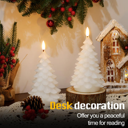 JOIONE Christmas Tree Flameless Candles with Remote Timer,Battery Operated Flickering Candles, LED Real Wax Candles for New Year Celebration, Christmas Decor, Set of 2, White (3.15" X 7.48")