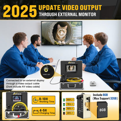 Sewer Camera 100FT, Can Connect External Monitor, Zoom in and Out, IP68 Waterproof, 12 pcs Adjustable Light, Plumbing Snake Cam with DVR Pipe Video Inspection, for Sewer Line, Drain, Duct, Plumbing