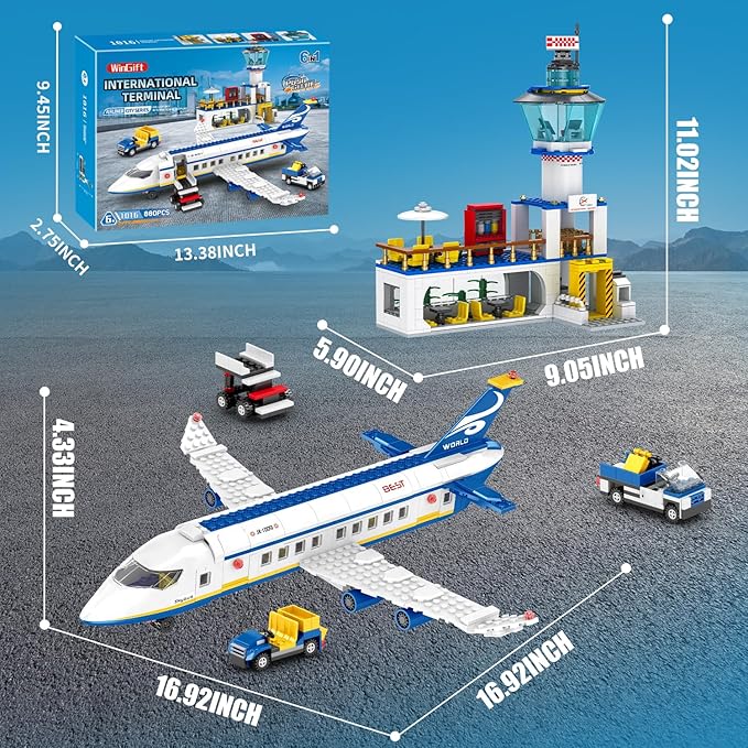 880 Pcs City Airport Passenger Terminal Building Set 6 IN 1 Airplane Building Blocks Toy STEM Aircraft Bricks with Shuttle BusLuggage CartPlanes Model Toys Gifts for Adults Boys Ages 6-12+
