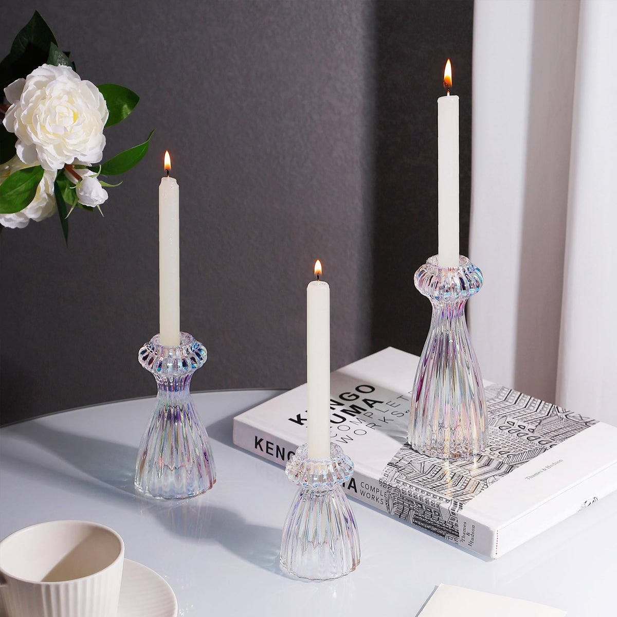 Lysenn Glass Candle Stick Holder Set of 3 – Premium Taper Candle Holders for Romantic Ambiance - Candle Sticks Holder Decor for Special Occasions - Iridescent