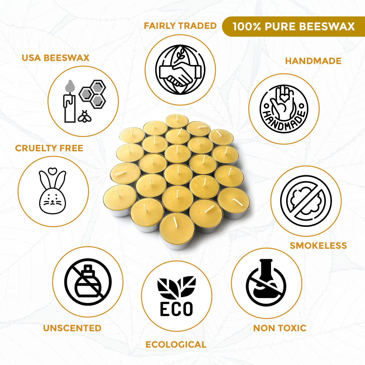 Pure Beeswax Tealights - Unscented Smokeless & Clean Burning Non-Toxic Tea Lights with Light & Natural Honey Scent, 4-Hour Burn Time, 1.5 x 0.5-Inch Handmade Candles, 48-Pack, by BeeTheLight