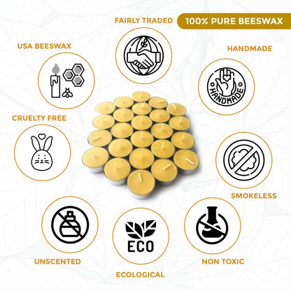 Pure Beeswax Tealights - Unscented Smokeless & Clean Burning Non-Toxic Tea Lights with Light & Natural Honey Scent, 4-Hour Burn Time, 1.5 x 0.5-Inch Handmade Candles, 24-Pack, by BeeTheLight
