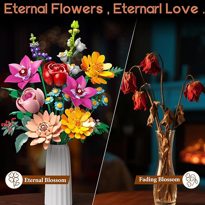Flowers Bouquet Building Set 887 Pcs with Flower Artificial Roses for Home Office Decoration Gift for Mother's Day Valentine's Day and Kids 6+/Adults Birthday