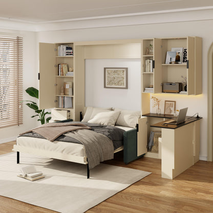 Murphy Bed Queen Bed Frame with Headboard,Hydraulic Storage,Sofa,Hydraulic Lift Wood Wall Murphy Beds w/Shelves & Drawers,LED/USB Lighting,Desk,2 Pillows,Hideaway Bedframe for Bedroom,Beige