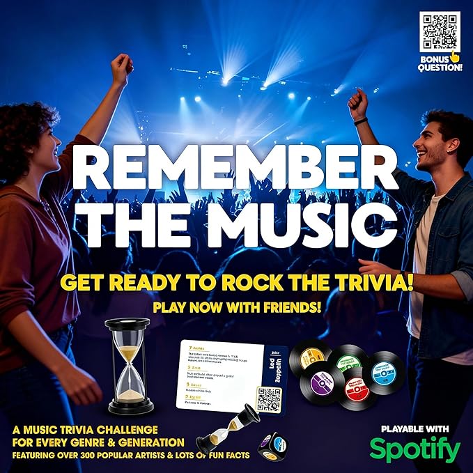 REMEMBER THE MUSIC - Music Trivia Party Board Game with 350 Artist &amp Song Cards Spotify QR Audio Clues for Adults &amp Family 2-6 Players