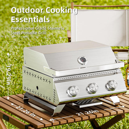 Electactic 3-Burner 24,000 BTU Portable Flat Top Propane Gas Grill, Heavy-Duty Stainless Steel 2-in-1 Tabletop Grill and Griddle Combo for Commercial BBQ, Outdoor Cooking, Camping,Tailgates & Backyard