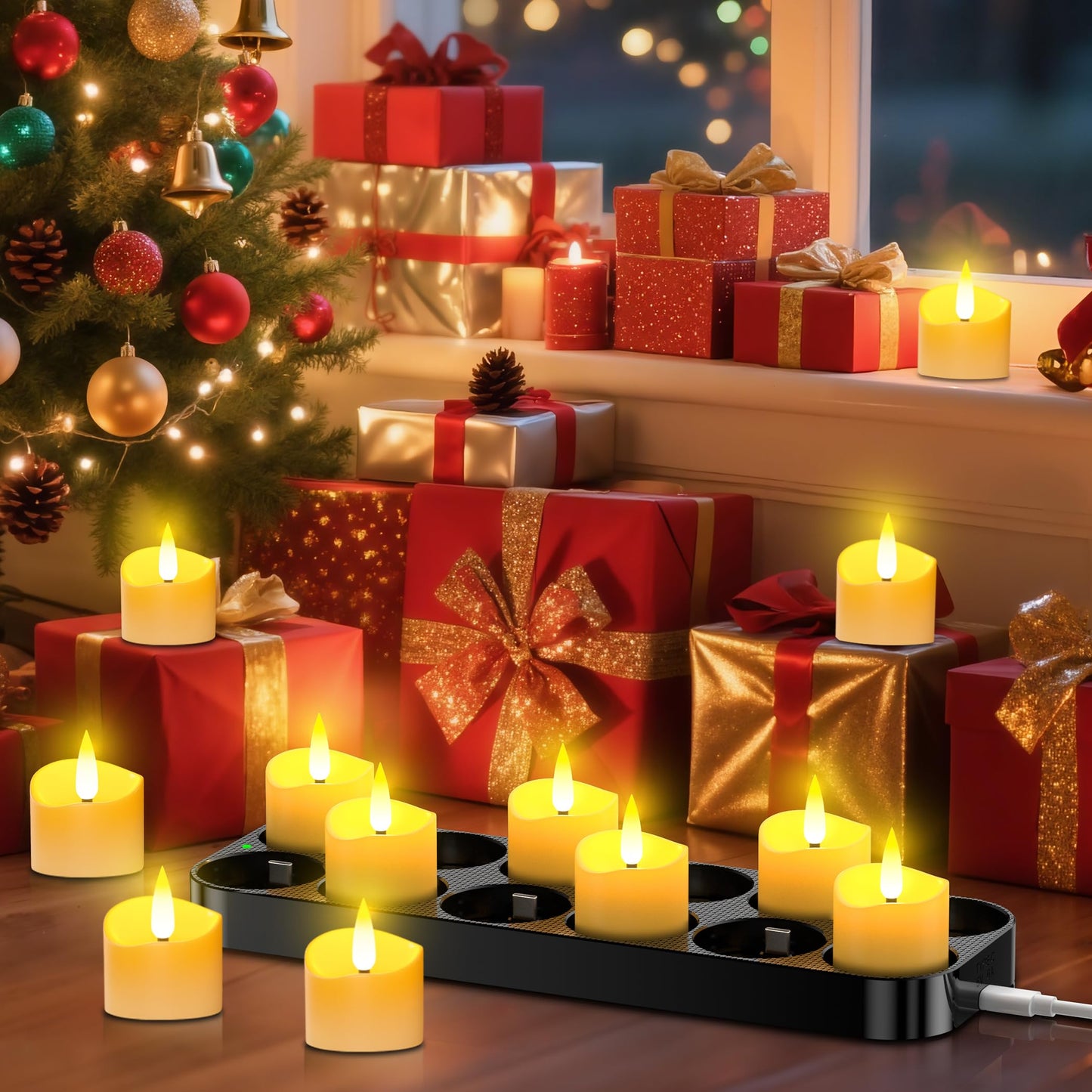 YiaMia Upgraded Rechargeable Tea Lights 12 Pack, Flameless Tea Light Candles with Charging Base and Remote & 24H Timer - Can Last 100+ Hours Battery Candles for Votive, Wedding, Halloween, Christmas