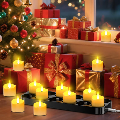 YiaMia Upgraded Rechargeable Tea Lights 12 Pack, Flameless Tea Light Candles with Charging Base and Remote & 24H Timer - Can Last 100+ Hours Battery Candles for Votive, Wedding, Halloween, Christmas