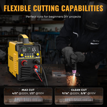 SILATU 65Amps Plasma Cutter, STC650P HF Non-Touch Pilot Arc Plasma Cutter Machine, 110/220V Dual Voltage Air Sensor Technology Large LED Display, 20mm Max Cutting thickness, PT/2T/4T for Beginners DIY