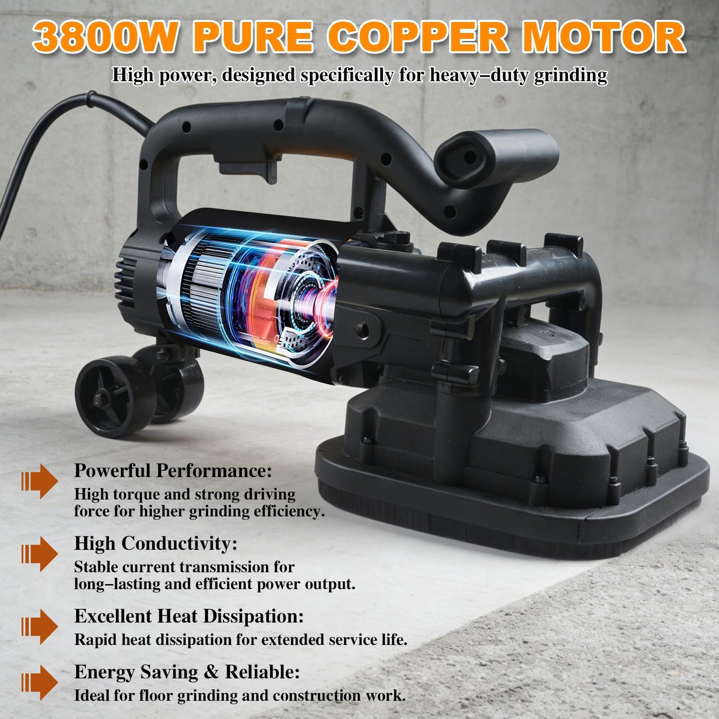 4-Head Concrete Grinder Set, 4" 3800W Concrete Floor Grinder with Long Handle, Dust Extraction Shroud & Water Pump, 6000RPM Concrete Surface Grinder Machine for Grinding Concrete Marble Granite