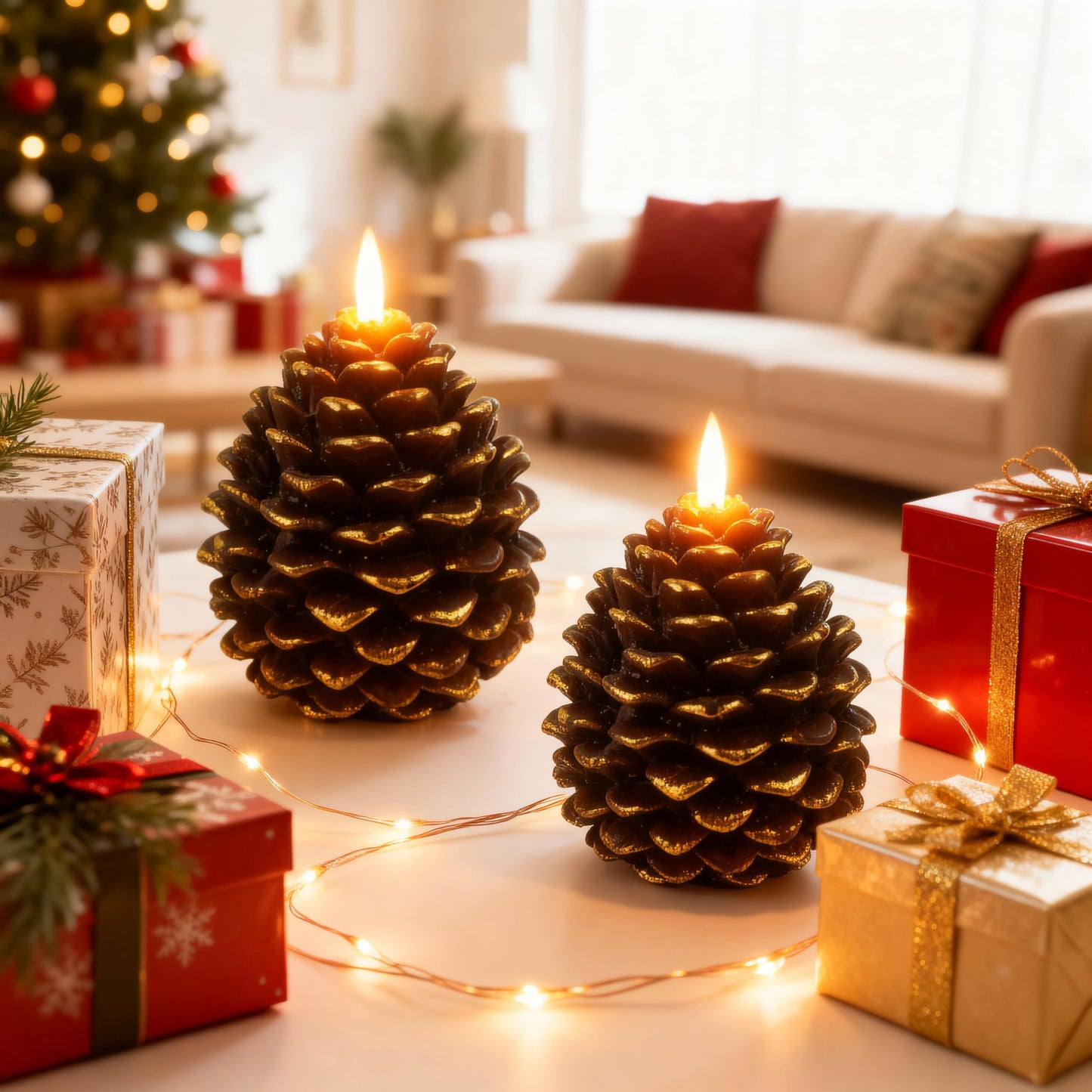 Pansyling 2pcs Flameless Pinecone Candles with Remote, Battery Operated Pine Cone Candles Real Wax Winter Decor, Flickering LED Christmas Decoration, D3.5 x H5 Inch, Brown & Gold Trim