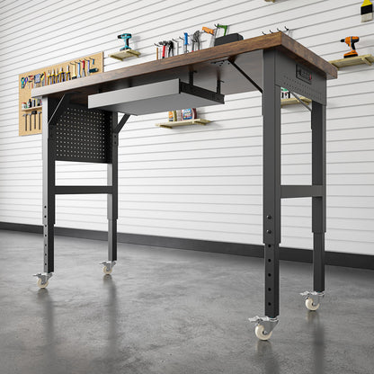 Heavy Duty Workbench Legs, 2000 LBS Load Metal Standing Desk Legs Height Adjustable 27.5“ to 40.5”, Features Lockable Wheels, Power Outlets, Pegboard and Drawers for Workshop, Office, Garage, Home