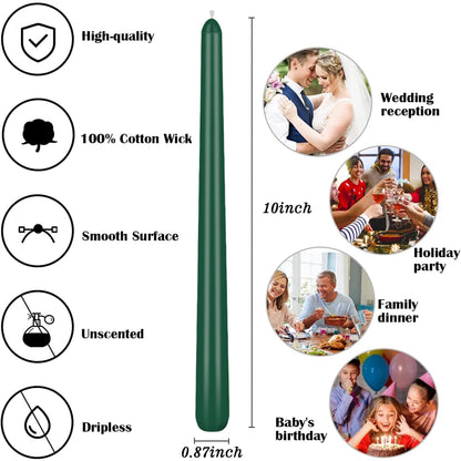 8 Pack 10 Inch Green Smooth Taper Candle Set, 7/8 Inch Unscented Driples Candlesticks for Home Decoration, 6-7 Hours Burn