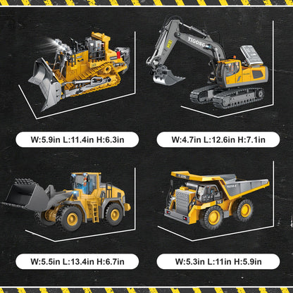 ADTHLIER Remote Control Excavator (11-Channel), Dump Truck, Bulldozer, Loader (9-Channel), 2.4GHz Remote Control Construction Vehicles, Metal Construction, with Cool Lights and Sound Effects, 4-Pcs