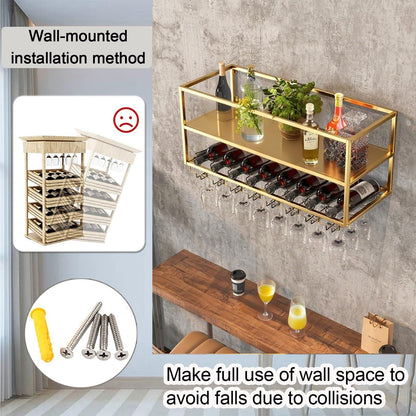 AKOGG Modern Wine Rack Wall Mounted with Glass Holder,Metal Liquor Shelf, Floating Bar Shelves,Liquor Bottle Display Shelf,Hanging Large Capacity Wine Storage Racks for Home Kitchen Dining Room