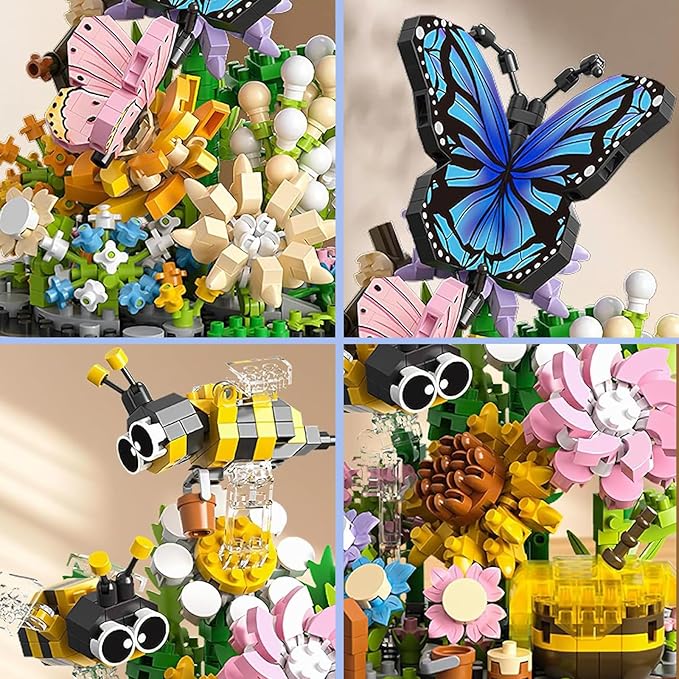 2 Flowers Bouquet Building Set Insect Collection Mini Animals Bee &amp Sunflowers Butterfly &amp Rose Botanical Plant Micro Blocks Not Compatible with lego Ideal Valentine's Day Gift Lover Teen (