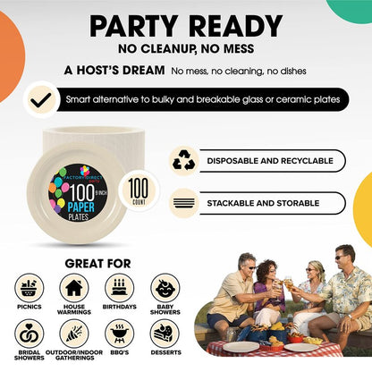 Exquisite Party Solids Ivory Paper Plates Disposable Heavy Duty 9 Inch Ivory Disposable Plates For Party 100 Pcs Heavy Duty 350 GSM, Birthday Supplies