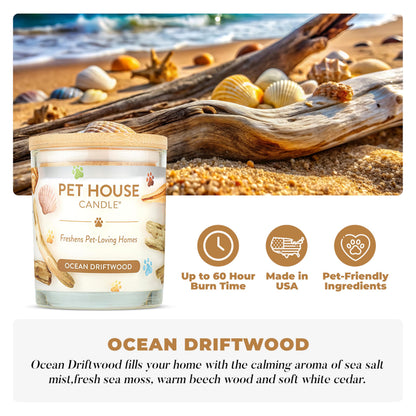 Pet House Candles, Clean Long-Burning, Scented Pet Friendly Candles, Plant-Based, 60 Hour Burn Time - Ocean Driftwood, 9 oz