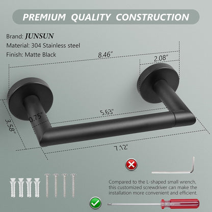 JunSun Matte Black Toilet Paper Holder - Wall-Mounted Pivoting Design for Large Mega Rolls
