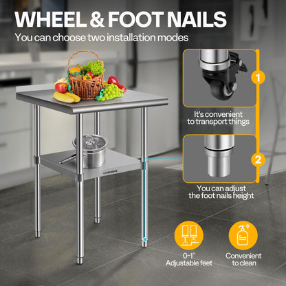 VIVOHOME 24 x 24 Inch Stainless Steel Work Table with Backsplash, Prep Commercial Table with Wheels for Restaurant, Hotel, Home and Warehouse